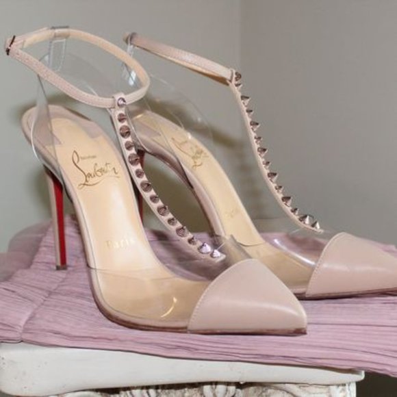 Christian Louboutin Nude Leather Studded Heels - Picture 1 of 5